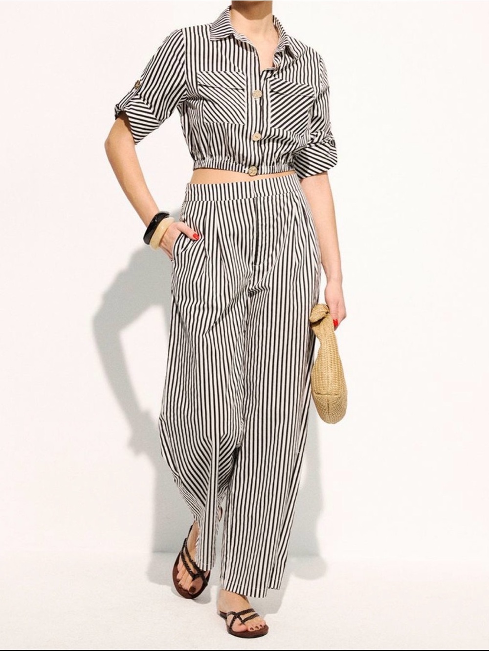 Commense Black and White Striped Button-Up Shirt and Pant Set NWT